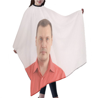 Personality  Portrait Of A Large Male Office Employee Emotional Hair Cutting Cape