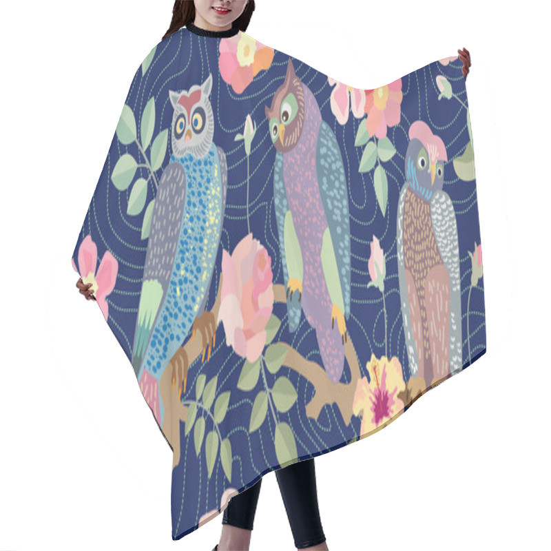 Personality  Panoramic Vector Patterns With Owls, Roses And Branches. Hair Cutting Cape