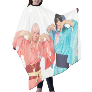 Personality  Young Cosplayers In Bright Kimonos Pointing Down With Fingers On White, Anime Style Concept Hair Cutting Cape