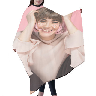 Personality  Laughing Woman With Creative Makeup Hair Cutting Cape