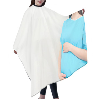 Personality  Cropped Shot Of Pregnant Woman In Medical Coat Touching Her Belly On White Hair Cutting Cape
