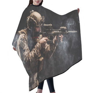 Personality  Special Forces United States Soldier Or Private Military Contractor Holding Rifle. Image On A Black Background. War, Army, Weapon, Technology And People Concept Hair Cutting Cape