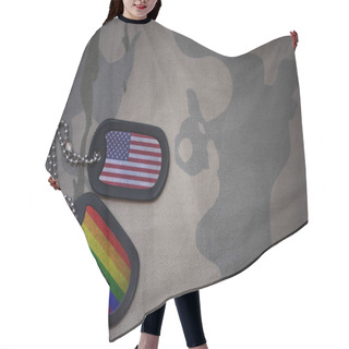 Personality  Army Blank, Dog Tag With Flag Of United States Of America And Gay Rainbow Flag On The Khaki Texture Background. Military Concept Hair Cutting Cape