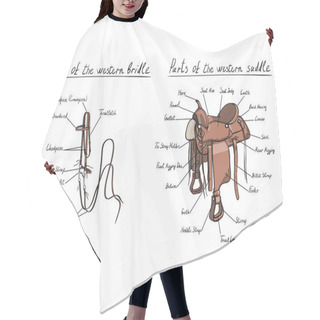 Personality  Parts Of Western Saddle And Bridle With Text Letters Description.  Hair Cutting Cape