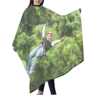 Personality  Adult Man On Zip Line Against Blurred Forest Hair Cutting Cape