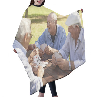 Personality  Active Seniors, Group Of Old Friends Playing Cards At Park Hair Cutting Cape