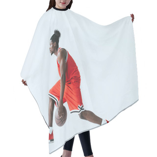 Personality  African American Sportsman In Red Sportswear Playing Basketball On Grey Background Hair Cutting Cape