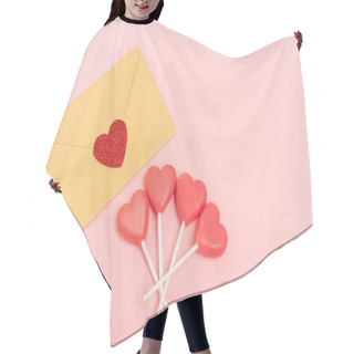 Personality  Top View Of Heart Shaped Lollipops And Envelope With Heart On Pink Background Hair Cutting Cape