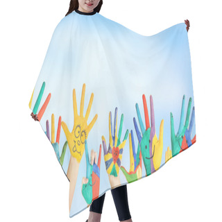 Personality  Painted Hands With Smile On Blue Background Hair Cutting Cape
