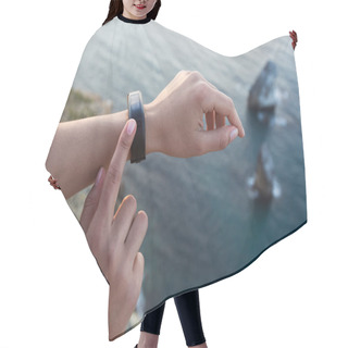 Personality  Woman Using Activity Tracker Hair Cutting Cape