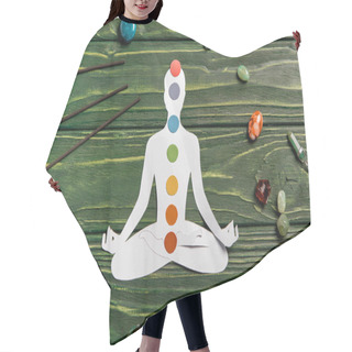 Personality  Top View Of Paper Figure In Form Of Person With Chakras In Lotus Pose, Aroma Sticks And Colorful Stones On Wooden Surface Hair Cutting Cape