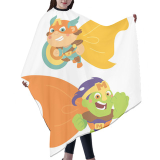 Personality  Colorful Couple Of Cartoon Superheroes Isolated On White Background  Hair Cutting Cape