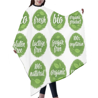 Personality  Gluten, Lactose, Sugar, Gmo Free, Bio, Eco, Fresh, Vegan, Vegetarian Calligraphic Lettering With Leaf, Cube, Drop. Vector White Vintage Illustration On Green Circle Sticker Sign 100 Organic Food Hair Cutting Cape
