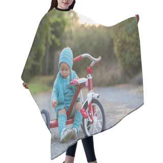Personality  Cute Toddler Child, Boy, Playing With Tricycle In Backyard, Kid Riding Bike On Sunset Hair Cutting Cape