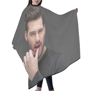 Personality  Handsome Sexy Man With Kiss Print On Cheek, Isolated On Grey Hair Cutting Cape