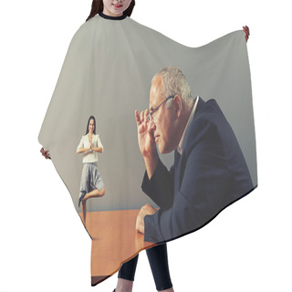 Personality  Serious Man Looking At Small Smiley Woman Hair Cutting Cape