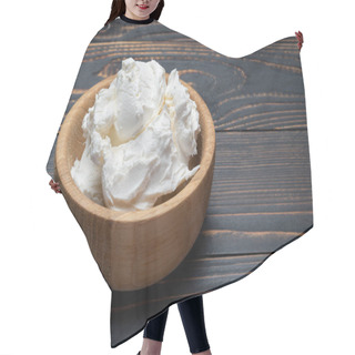 Personality  Traditional Mascarpone Cheese In Wooden Bowl On Table Hair Cutting Cape