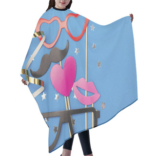 Personality  Party Background With Funny Props On A Blue Background. Wedding  Hair Cutting Cape