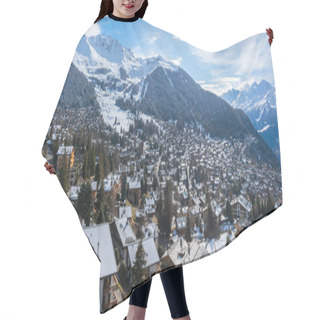 Personality  Aerial Shot Of Verbier, A Swiss Alps Ski Town, Shows Snow Topped Roofs, Chalets, Modern Structures, And Slopes. Serene Mountains And Blue Sky Enhance Its Winter Sports Appeal. Hair Cutting Cape