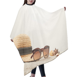 Personality  Close Up View Of Straw Hat, Sunglasses And Seashells On Sand On Grey Backdrop Hair Cutting Cape