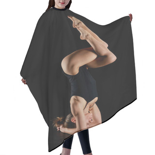 Personality  Woman With Barefoot Doing Eagle Legs Handstand Exercise Isolated On Black  Hair Cutting Cape