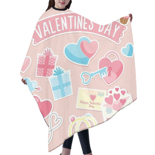 Personality  Valentine's Day. Stickers. Congratulation To The Holiday. Candy, Cake, Gifts, Rings, Heart, Balloon And Rose Hair Cutting Cape