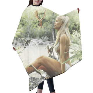 Personality  Elegant Elven Blonde Female Relaxing By A Mythical Forest Pond With Her Baby Dragons. Fantasy Mythical 3d Rendering Hair Cutting Cape