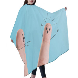 Personality  Cropped View Of Frightened Finger And Zombie Isolated On Blue  Hair Cutting Cape