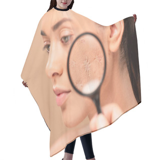 Personality  Cropped View Of Man Holding Magnifier Near Woman With Problem Skin Isolated On Beige  Hair Cutting Cape