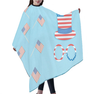 Personality  Flat Lay With Hat, Glasses And Mustache Made Of Stars And Stripes Near Decorative American Flags On Wooden Sticks On Blue Background Hair Cutting Cape