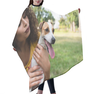 Personality  Selective Focus Of Young Woman Looking At Jack Russell Terrier Dog Hair Cutting Cape