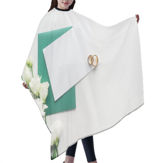 Personality  Top View Of Empty Card With Green Envelope, Flowers And Golden Wedding Rings On Grey Background Hair Cutting Cape