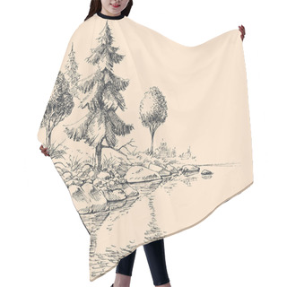 Personality  River Flow Hand Drawing. River Bank, Trees And Vegetation Nature Hair Cutting Cape