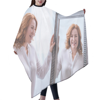 Personality  Beautiful Smiling Mature Woman Standing Near Mirror And Looking At Reflection Hair Cutting Cape