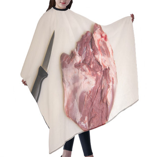 Personality  Boning A Shoulder Of Lamb Leg Meat On A Wooden Tray, White Background, Top View Hair Cutting Cape