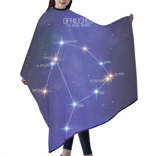 Personality  Ophiuchus The Snake Bearer Zodiac Constellation Map On A Starry Space Background With The Names Of Its Main Stars. Stars Relative Sizes And Color Shades Based On Their Spectral Type. Hair Cutting Cape