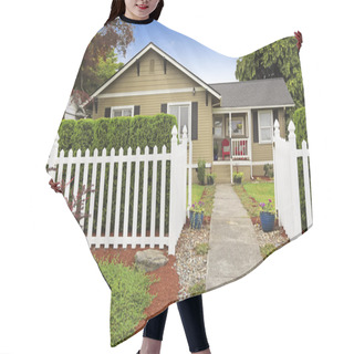 Personality  American House Exterior With White Wooden Fence Hair Cutting Cape