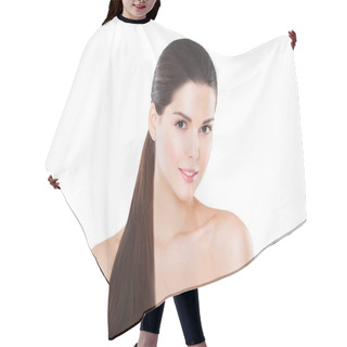 Personality  Beautiful Smiling Model With Perfect Skin And Long Tail Hair Cutting Cape