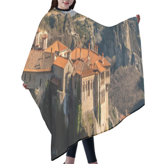 Personality  Panoramic Shot Of Monastery Of Holy Trinity On Rock Formations In Meteora  Hair Cutting Cape