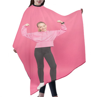 Personality  Strong Athletic Kid Showing Muscles And Biceps, Isolated On Pink Hair Cutting Cape