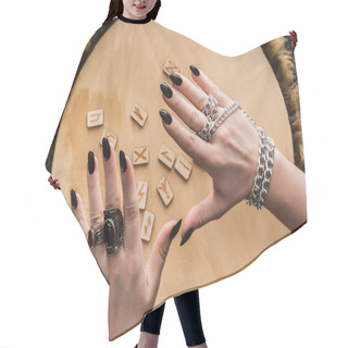 Personality  Top View Of Hands Of Evil Witch Above Runes On Wooden Surface Hair Cutting Cape