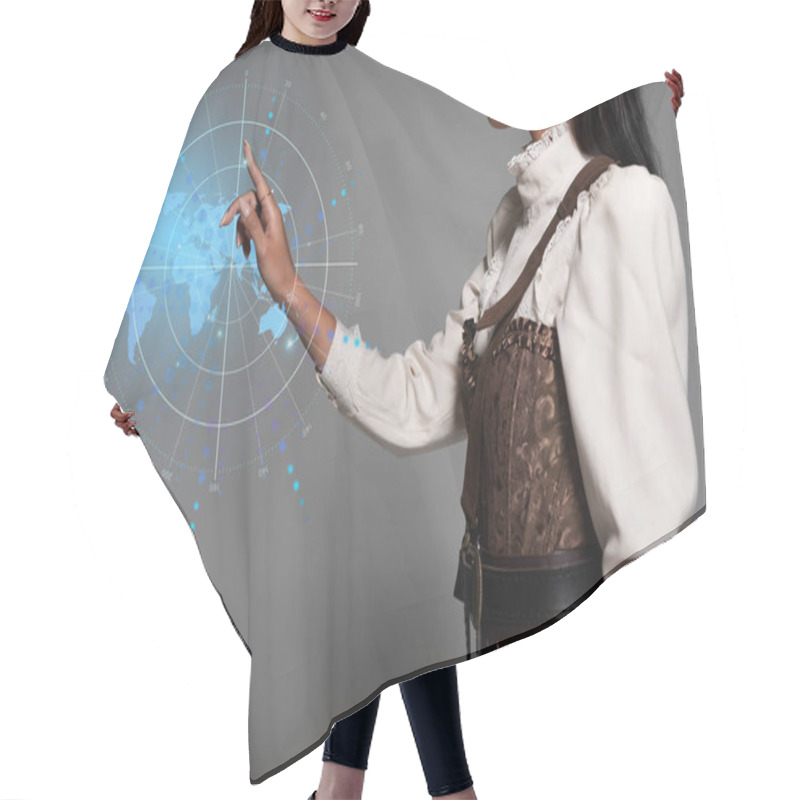 Personality  Cropped View Of Steampunk Young Woman Pointing With Finger At Digital Map Illustration Hair Cutting Cape