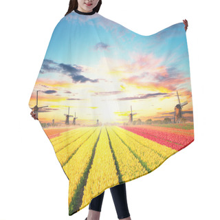 Personality  Vibrant Tulips Field With Dutch Windmills Hair Cutting Cape