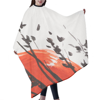 Personality  Top View Of Paper With Japanese Painting With Red Sun And Branches Hair Cutting Cape