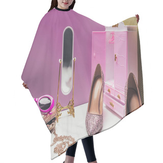 Personality  Toy Wardrobe And Mirror With Female Accessories In Miniature Pink Room Hair Cutting Cape