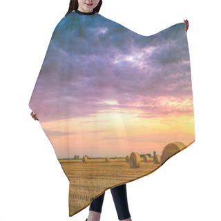 Personality  Sunset Over Farm Field With Hay Bales Hair Cutting Cape