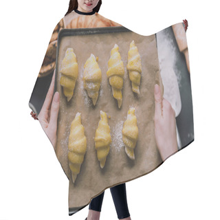 Personality  Cropped Image Of Woman Holding Tray With Dough For Croissants Over Table Ingredients  Hair Cutting Cape