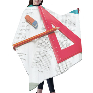 Personality  School Supplies And Textbooks On Mathematics Close Up Hair Cutting Cape