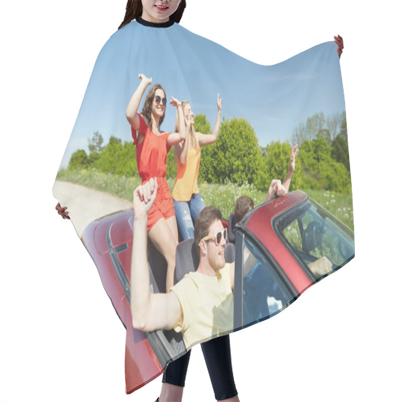 Personality  Happy Friends Driving In Cabriolet Car  Hair Cutting Cape