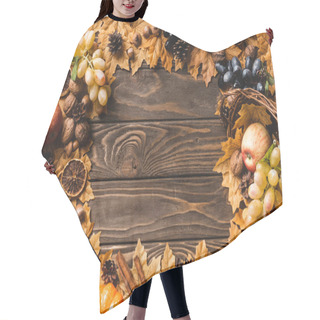 Personality  Top View Of Round Frame Made Of Autumnal Harvest And Foliage On Brown Wooden Background Hair Cutting Cape